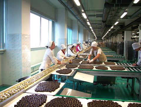 Конвейер, на котором делают шоколадные конфеты